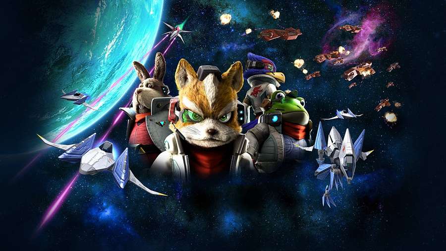 Team of anthropomorphic animals in space gear fighting in a starfield near a blue planet. — Star Fox Wallpaper