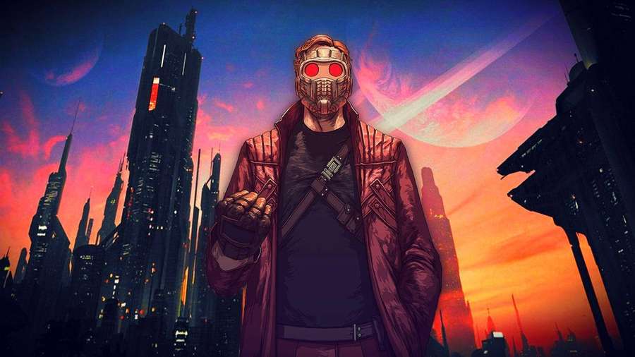 Star-Lord in a red jacket against a futuristic city skyline at sunset. — Star Lord Wallpaper
