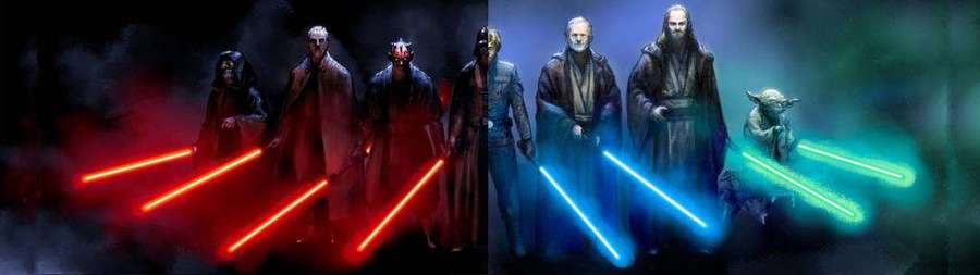 Jedi and Sith with red and blue lightsabers in dark smoky environment — Star Wars Dual Screen Wallpaper