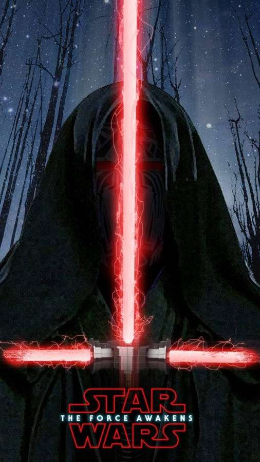 Uma figura mascarada em uma capa escura segura um sabre de luz vermelho sob um céu estrelado. — Star Wars iPhone Papéis de Parede