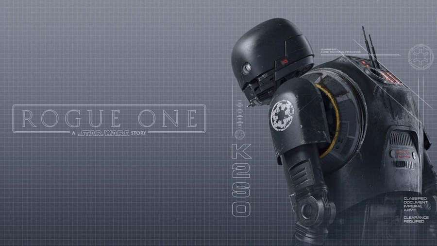 Schwarzer gepanzerter Droide mit imperialem Abzeichen auf grauem Gitterhintergrund mit Rogue One-Text. — Star Wars Kunst Bild Wallpaper