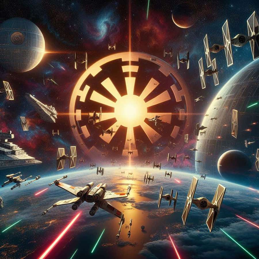 Starfighters engage in battle above a planet with the Death Star looming overhead. — Star Wars Space Wallpaper