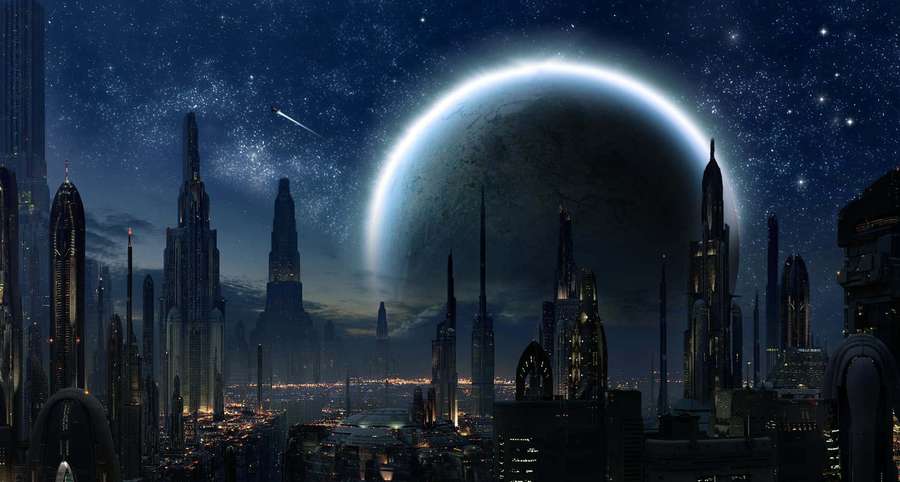 Futuristic city skyline at night with a giant glowing planet in the sky. — Star Wars Space Background