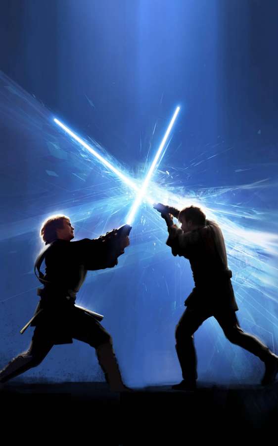 Two figures in combat with glowing blue lightsabers clashing in a burst of energy. — Star Wars Tablet Background