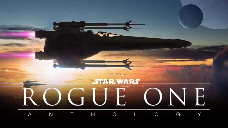 Star Wars Rogue One starfighter flying at sunset with planet in background — Star Wars X Wing Background