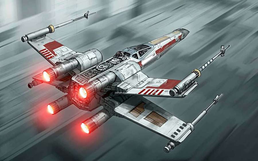 Ein roter und weißer Sternenjäger fliegt mit hoher Geschwindigkeit durch einen grauen Himmel. — Star Wars X Wing Bilder