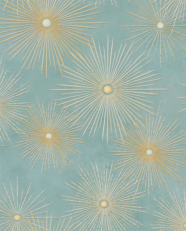Teal wallpaper with repeating gold sunburst patterns for vintage interior design. — Starburst Wallpaper