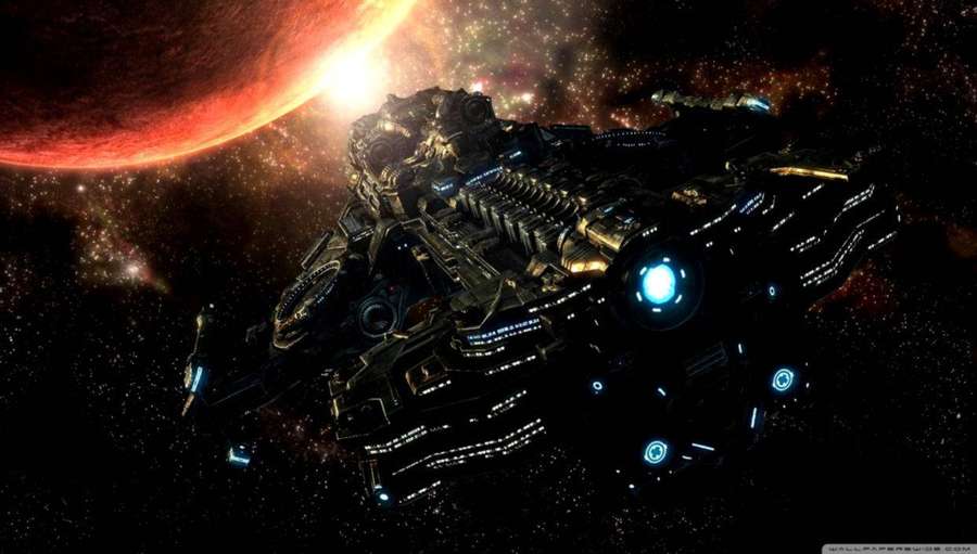 Futuristic spaceship with blue lights near red planet in starry space — Starcraft Wallpaper