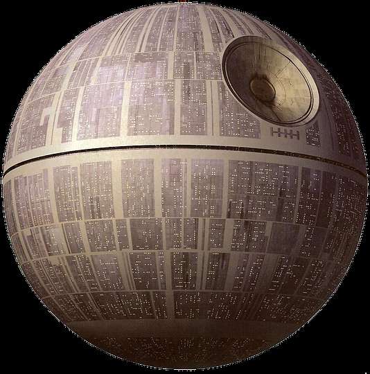 Giant spherical space station with superlaser dish and detailed surface panels. — Starwars PNG