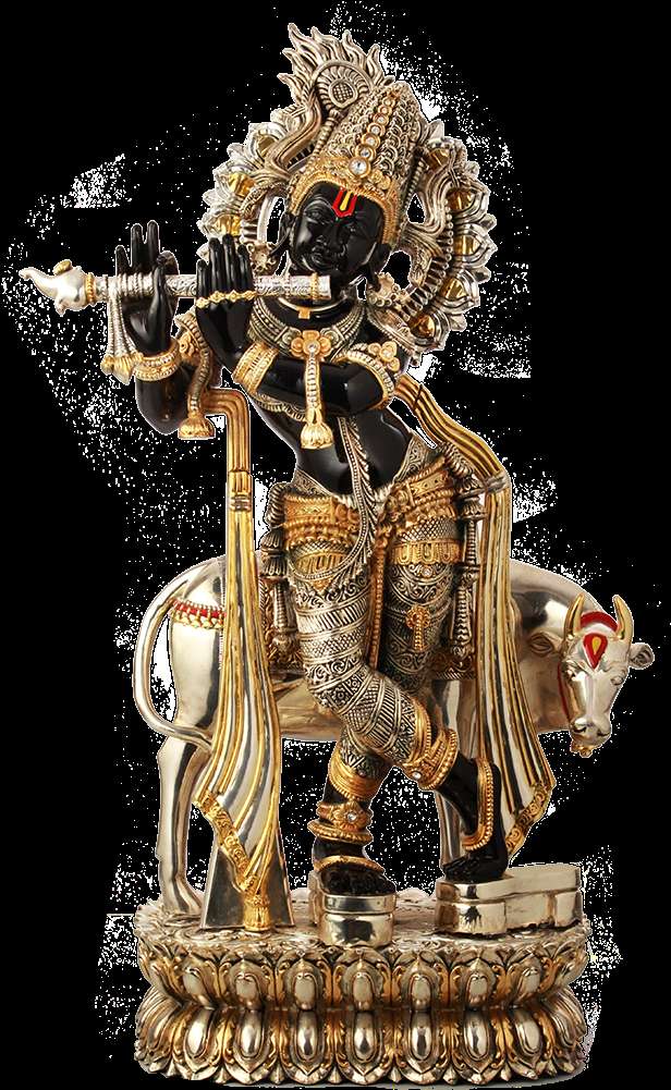 Black-skinned Hindu deity with golden jewelry riding a silver bull on an ornate pedestal. — Statue PNG