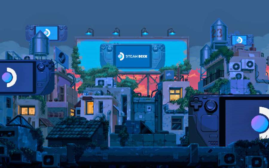 Pixel-art urban scene with gaming controller billboards glowing at dusk. — Steam Deck Wallpaper