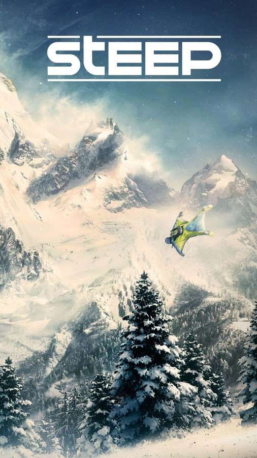 Wingsuit flyer soaring over snowy mountains at night with pine trees below. — Steep Wallpaper