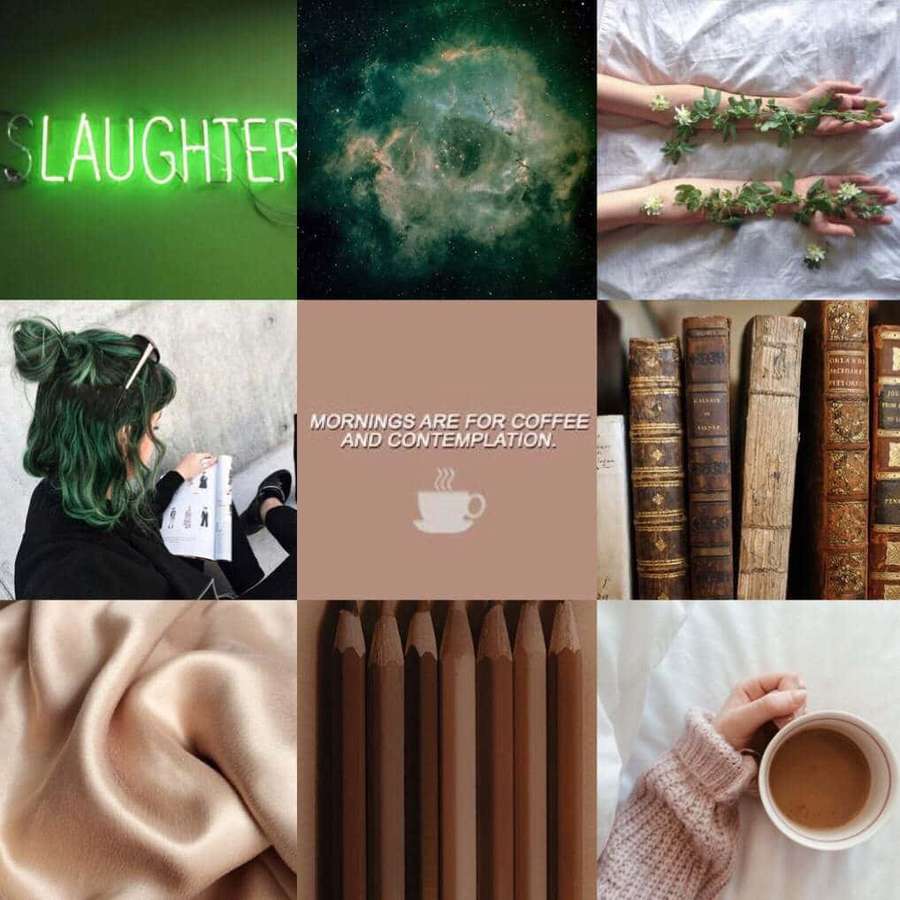 Ästhetische Collage mit Neon-Text, kosmischen Wolken, floralen Armen, Vintage-Büchern, Kaffee und Bleistiften. — Steinbock ästhetik Wallpaper