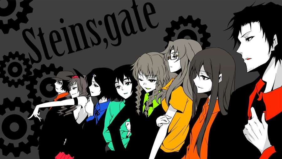 Steins;Gate anime characters in a dramatic lineup with mechanical gears behind them. — Steins Gate Background