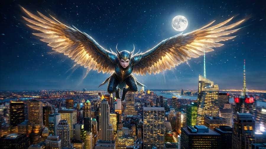 Stella soars through the night sky above a glowing city — Stella Wallpaper