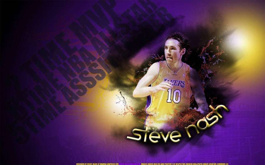 Basketballspieler Steve Nash im Lakers-Trikot mit leuchtendem lila und gelbem Hintergrund. — Steve Nash Wallpaper