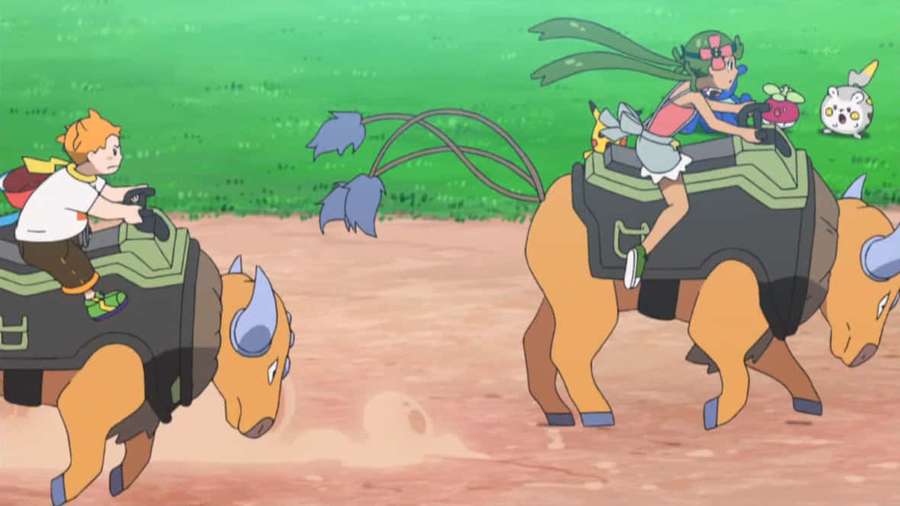 Zwei Kinder, die auf stierähnlichen Pokémon über ein unbefestigtes Feld rennen. — Stier Wallpaper