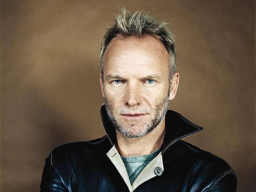 Man with gray hair and beard in black leather jacket looking at camera. — Sting Background