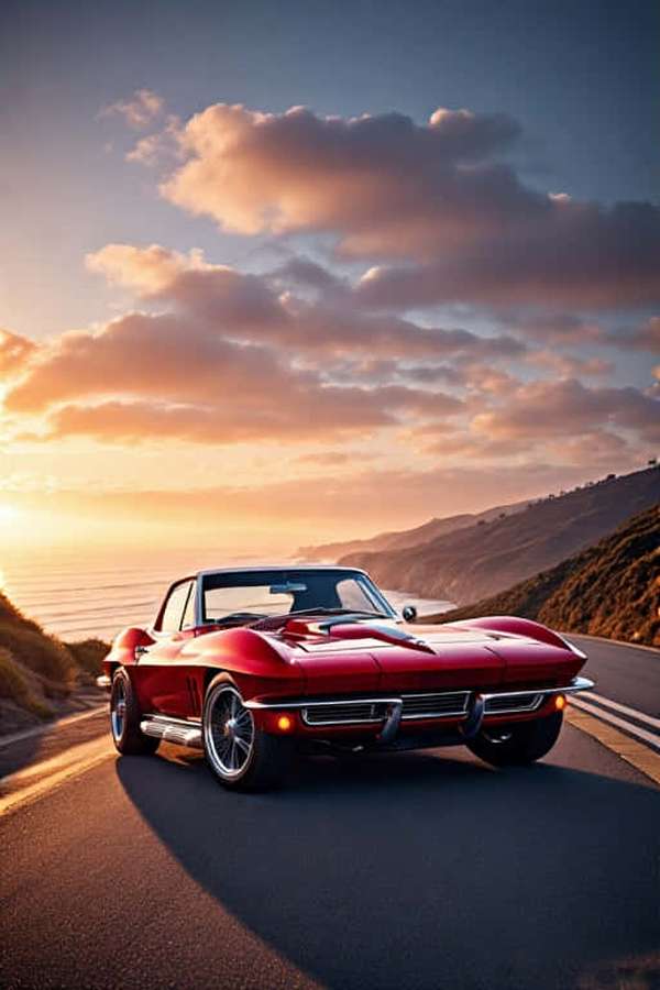 Red classic sports car driving on coastal road at sunset. — Stingray Wallpaper