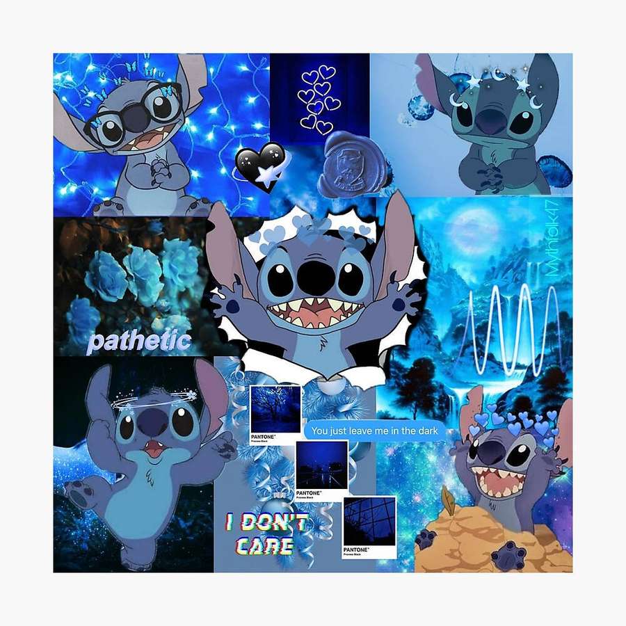 Stitch collage with blue lights hearts and text overlays in dark vibrant style. — Stitch Collage Wallpaper