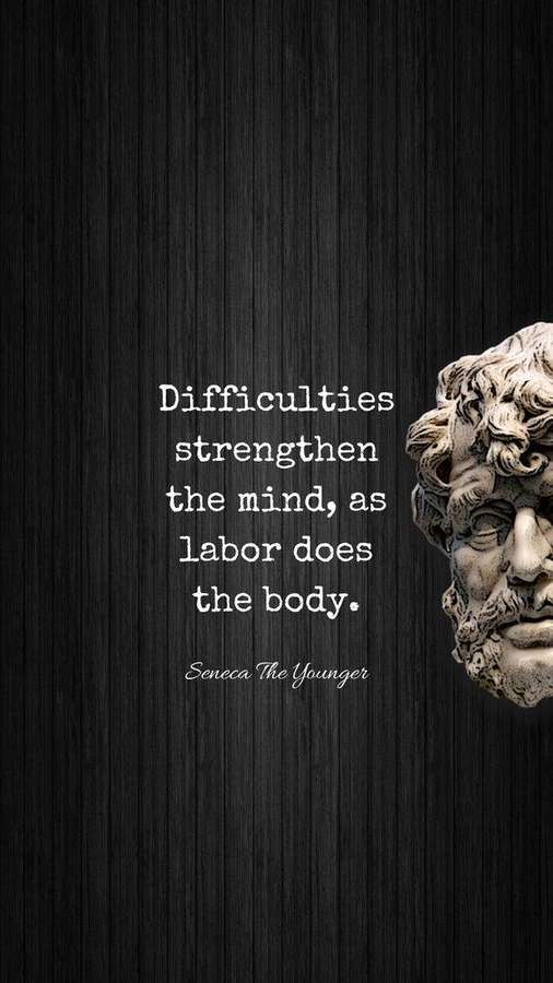 Marble bust of Seneca The Younger with quote on dark wood background — Stoicism Wallpaper