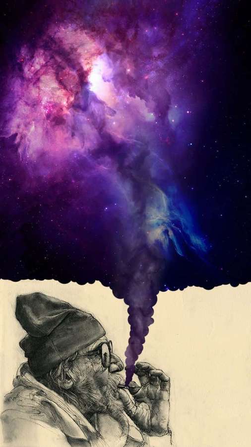 En gammel mand med skæg og briller udånder røg, der bliver til en farverig tåge i rummet. — Stoner iPhone Wallpapers