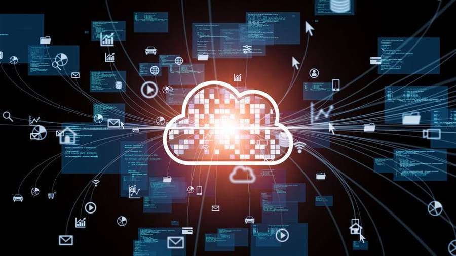 Digital cloud icon with data streams and app icons radiating outward. — Storage Wallpaper
