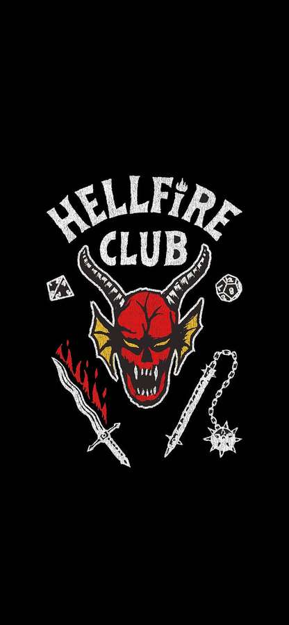 Hellfire Club-Logo mit einem roten Teufelsschädel mit Hörnern und Waffen auf schwarzem Hintergrund. — Stranger Things Cast Bilder