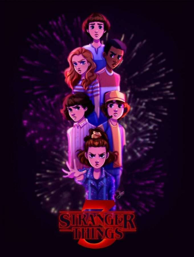 Stranger Things characters in anime style with purple energy effects — Stranger Things Cute Wallpaper