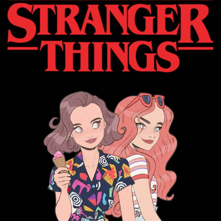 Two girls holding ice cream under Stranger Things logo — Stranger Things Girly Wallpaper