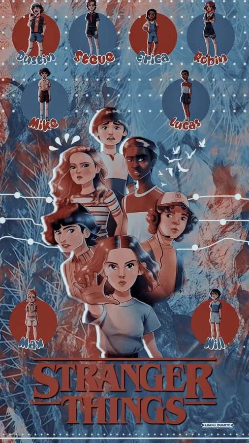 Stranger Things-Charaktere in kreisförmigen Rahmen vor einem verschneiten Waldhintergrund. — Stranger Things Mädchenhaft Wallpaper