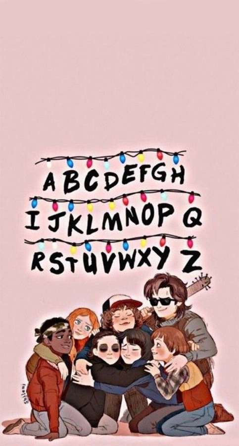 Sarjakuvaystävät halailevat valosarjojen alla, joiden yläpuolella on aakkosten kirjaimia. — Stranger Things Söpö Taustakuvat