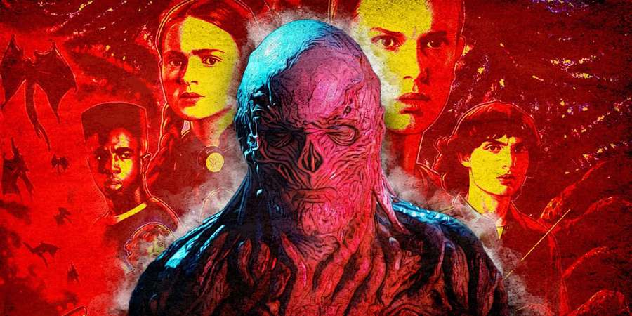 Alien creature with textured skin surrounded by human faces against a fiery red background. — Stranger Things Vecna Wallpaper