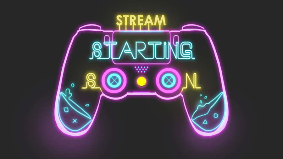 Neon glowing game controller with stream starting text — Streaming Background