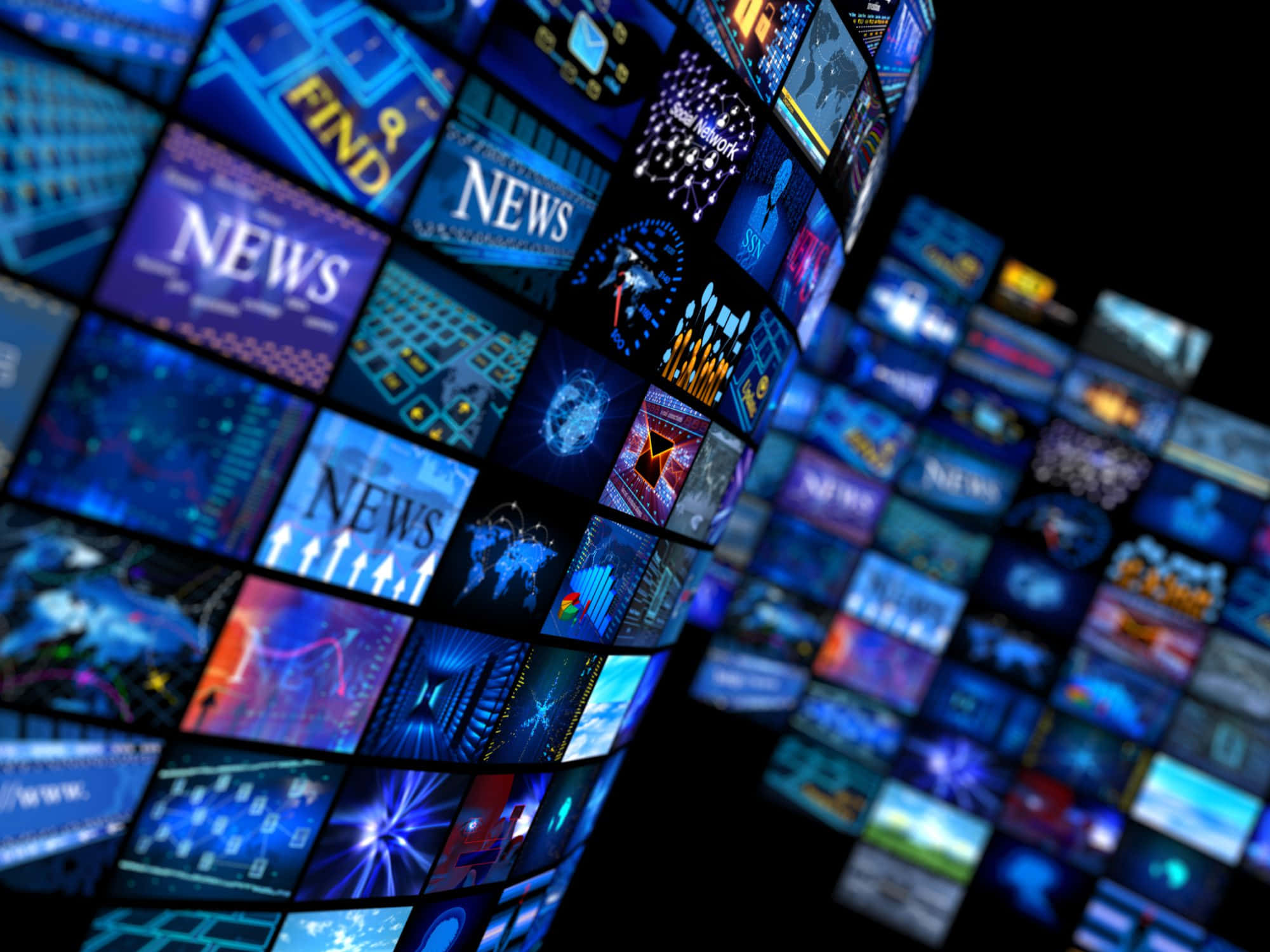 Parete curva di schermi digitali luminosi che mostrano notizie e dati in tonalità blu. — Streaming Sfondi