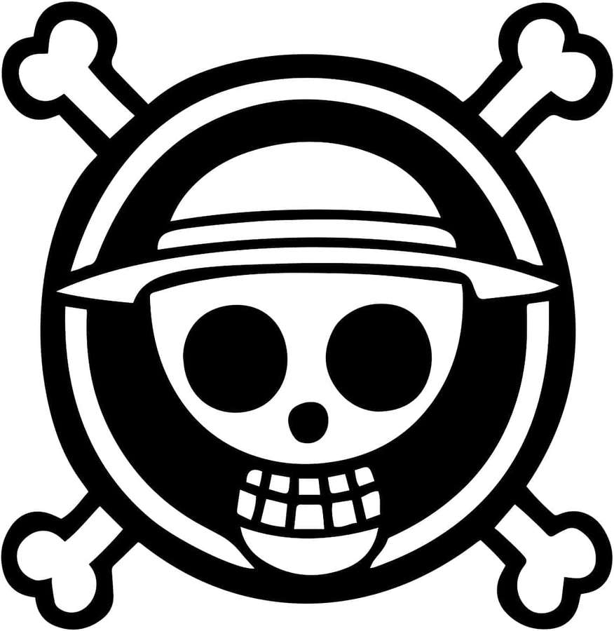 Schädel mit Hut und gekreuzten Knochen dahinter in kreisförmigem Emblem — Strohhut logo Wallpaper