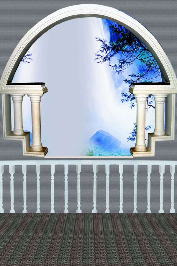 Classical stone balcony overlooking a misty blue mountain landscape. — Studio Background