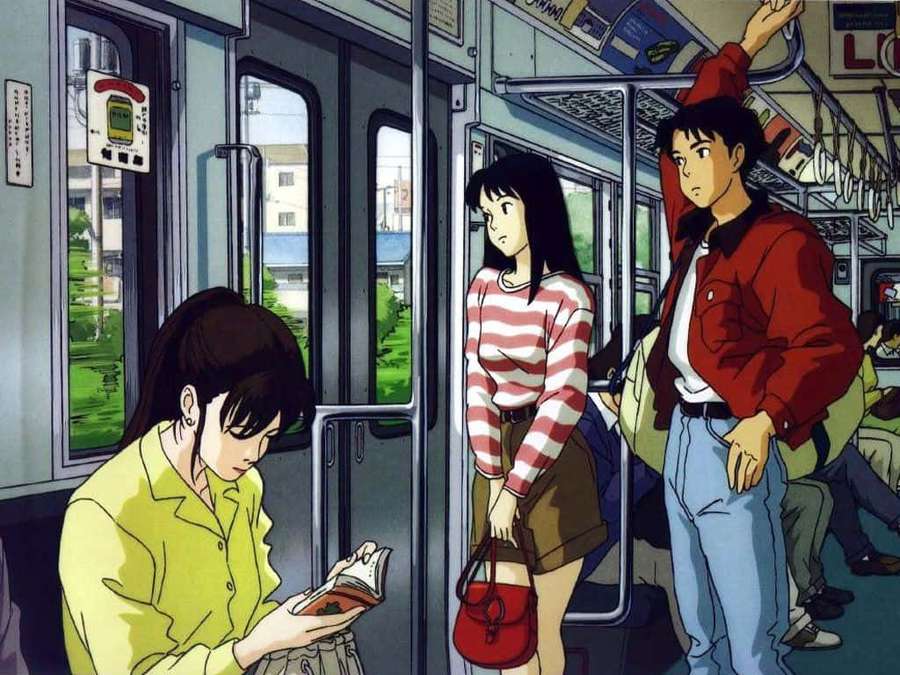 Three anime characters on a subway train one reading a book another standing near a boy holding a rail. — Studio Ghibli Ocean Waves Wallpaper