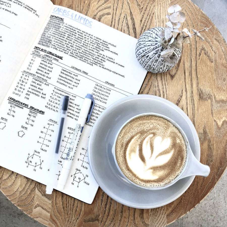 Coffee cup with leaf design next to open chemistry notes on wooden table. — Study Aesthetic Background