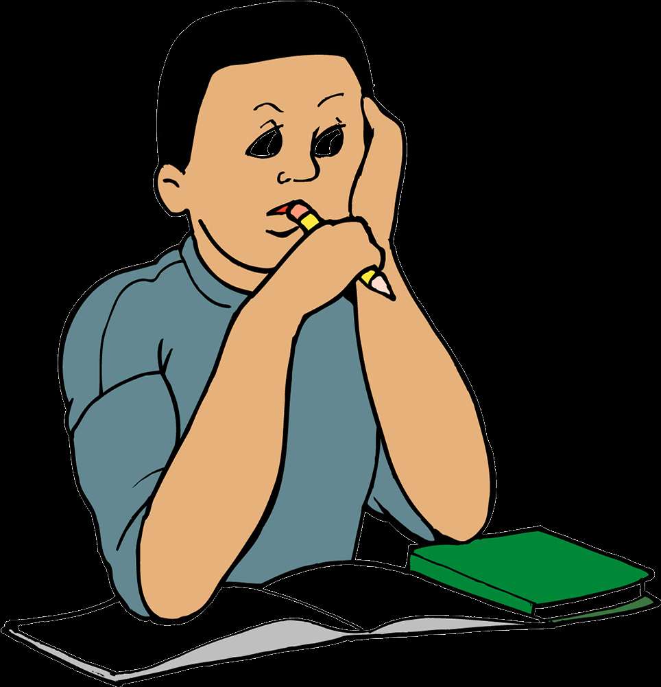 A cartoon boy biting a pencil while resting his head on his hand at a desk. — Study PNG