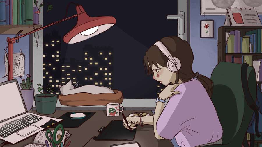 Girl wearing headphones drawing at night desk with cat sleeping nearby. — Studying Background