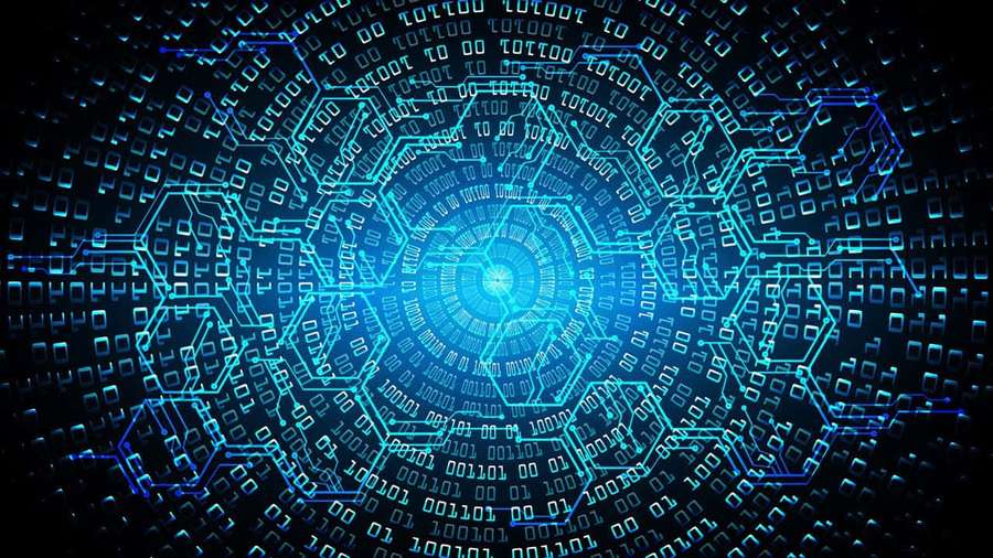 Hehkuva sininen digitaalinen tunneli, jossa on kuusikulmaisia piirikuvioita ja binäärikoodia. — Sublimaalinen Taustakuvat