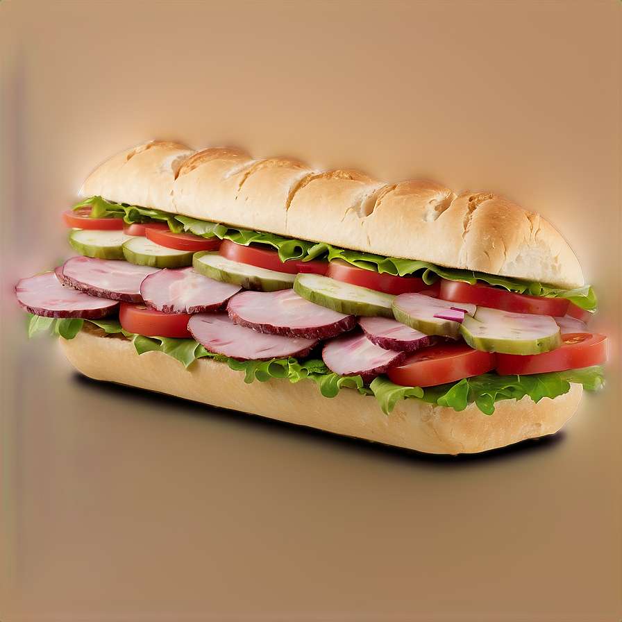 A freshly made sandwich with lettuce tomato cucumber and meat in a baguette. — Subway PNG