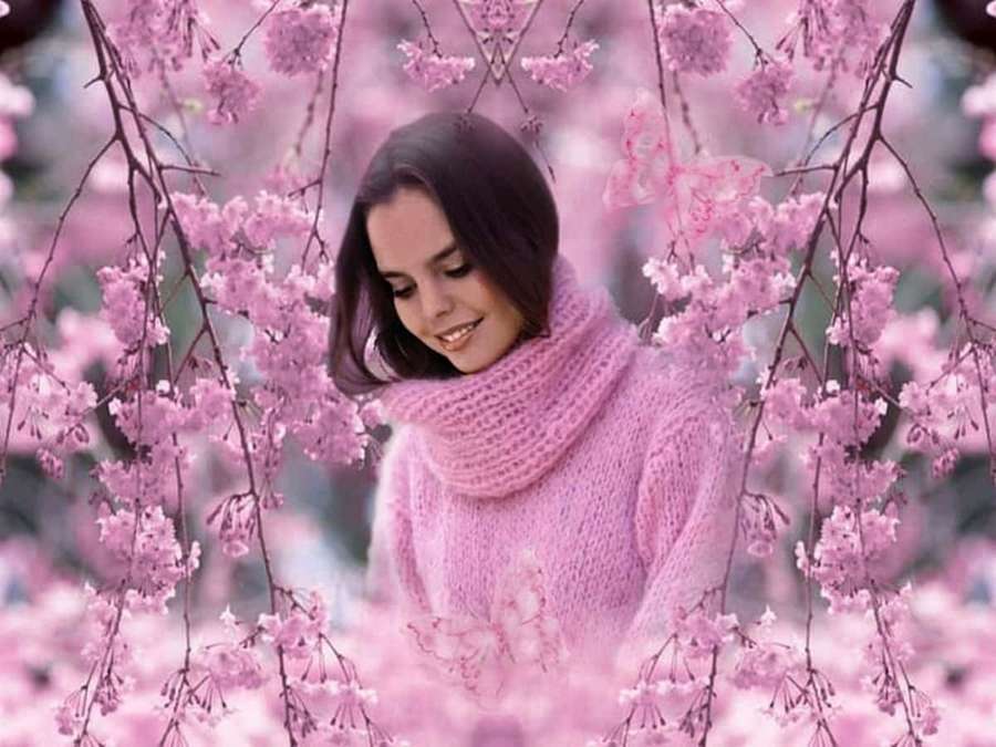 Mujer con suéter rosa sonriendo entre flores de cerezo. — Suéter rosa Fondos de pantalla