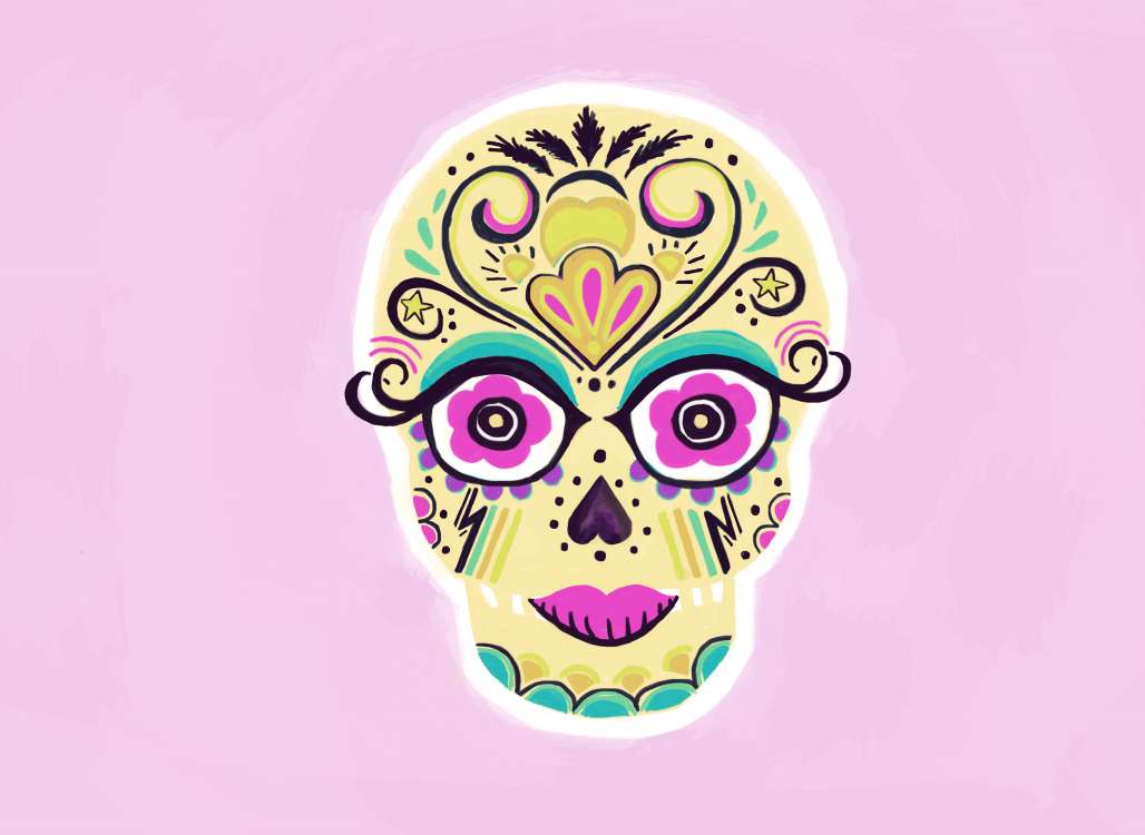 Decorated sugar skull with pink glasses and floral designs on pink background. — Sugar Skull Background