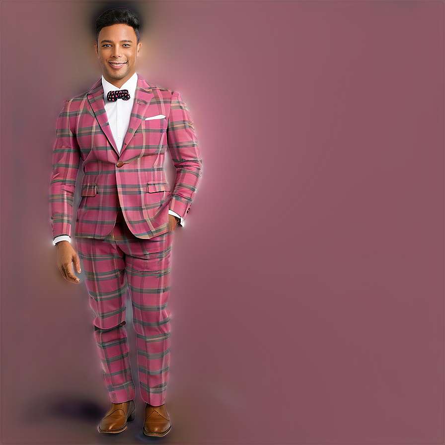 Man in pink plaid suit and brown shoes smiling at camera — Suit PNG