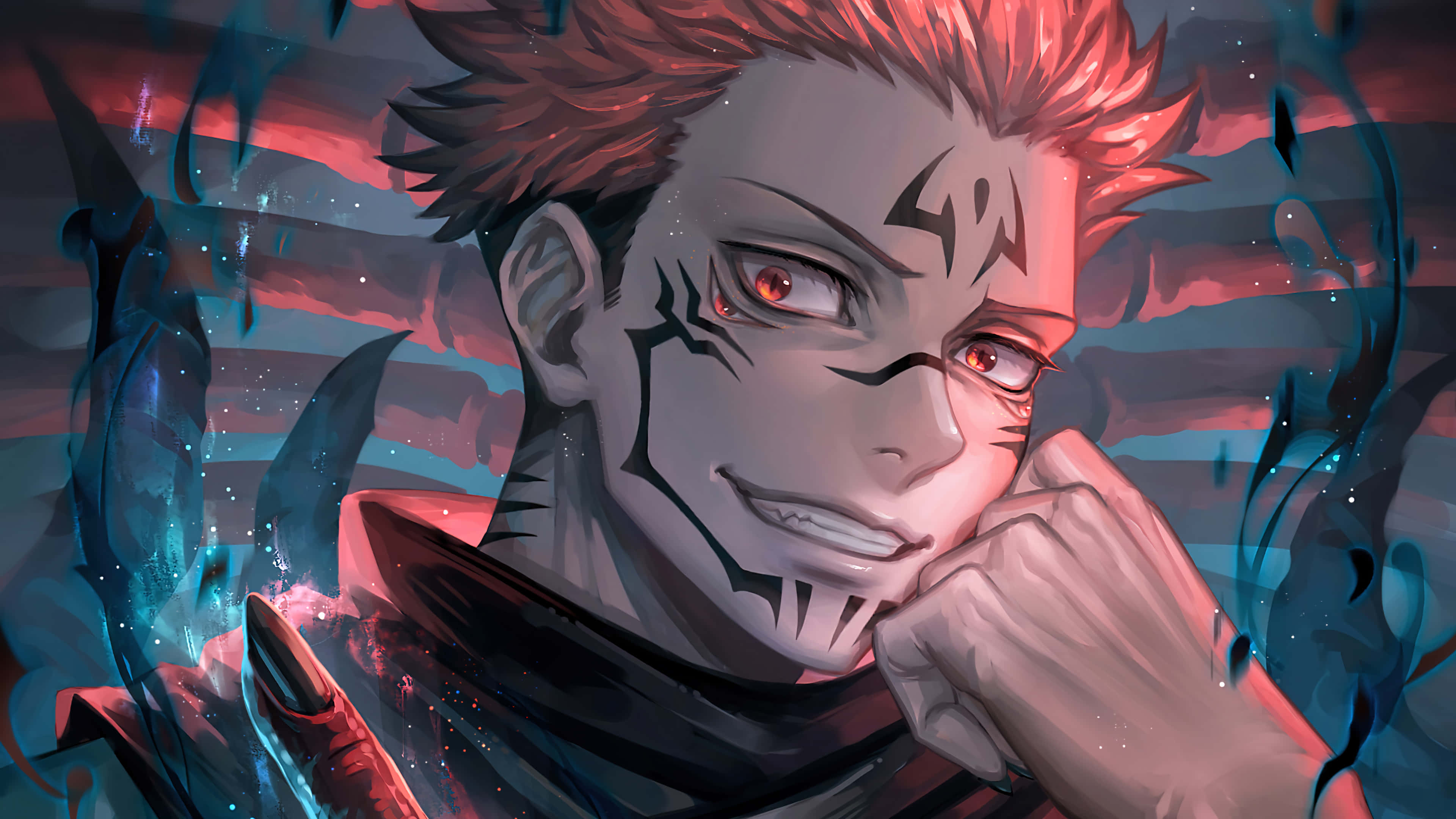 Personaje de anime con cabello rojo y ojos brillantes en fondo cósmico — Sukuna 4K Fondos de pantalla