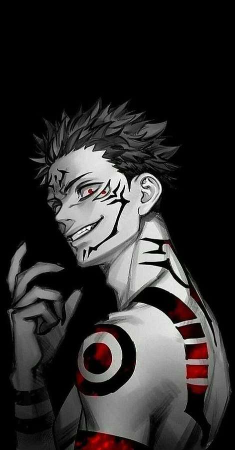 Anime-Figur mit roten Augen und Markierungen lächelt und berührt Kinn — Sukuna Mobil Wallpaper