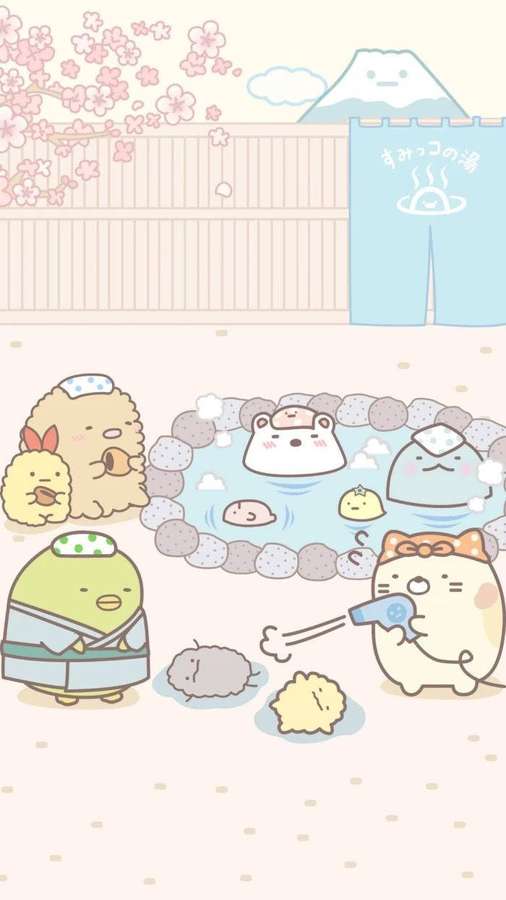 Sumikko Gurashi characters enjoying a hot spring bath under cherry blossoms. — Sumikko Wallpaper