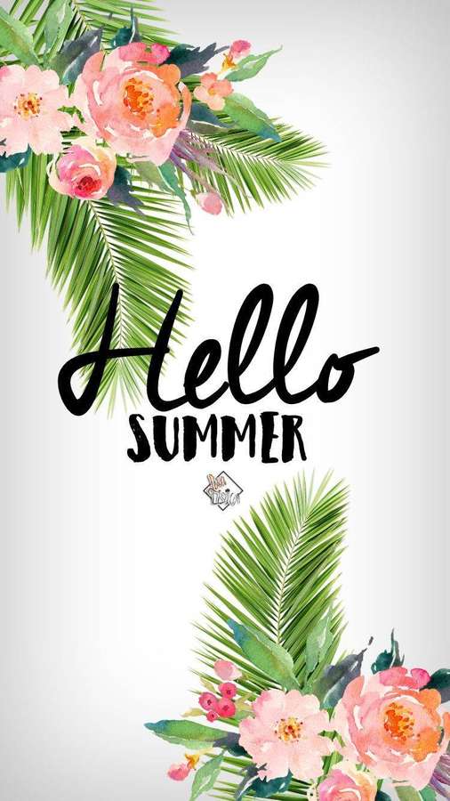 Tropical flowers and palm leaves frame 'Hello Summer' text in watercolor style. — Summer Phone Background